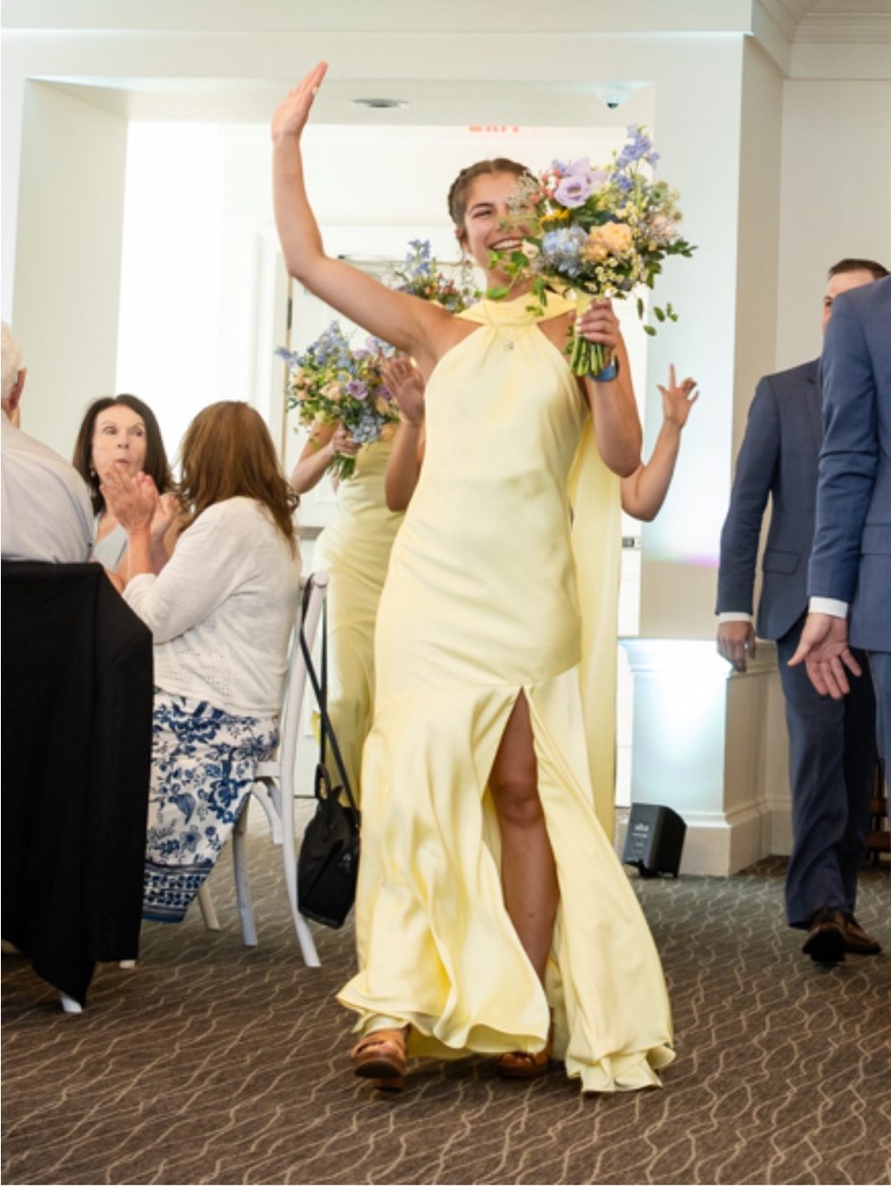 Lemon Sorbet Satin Cape Halter Eileen Matte Slit Dress - Picture 7 of 11